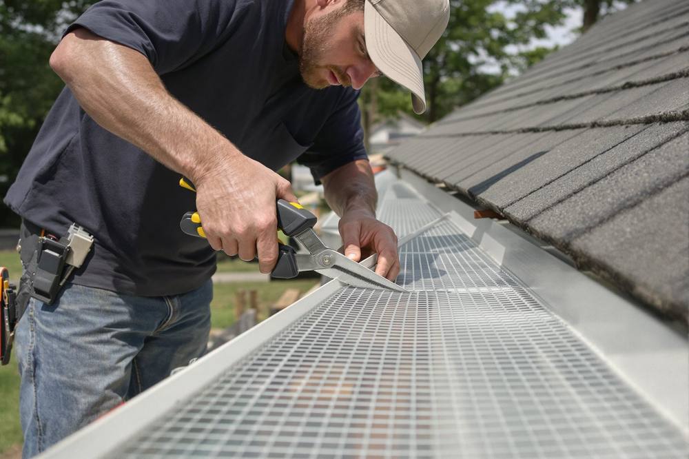 Licensed installer fitting a mesh gutter guard onto a residential gutter on a Franklin, TN home